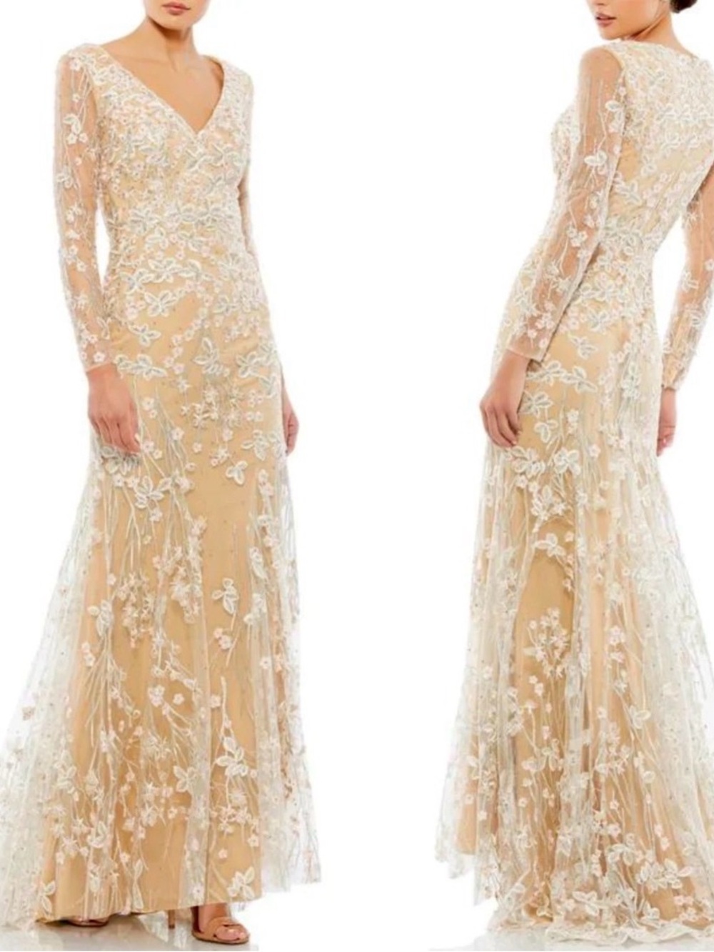 Mac Duggal Nude Illusion Embroidered Long Sleeve Evening Wedding Cocktail Gown